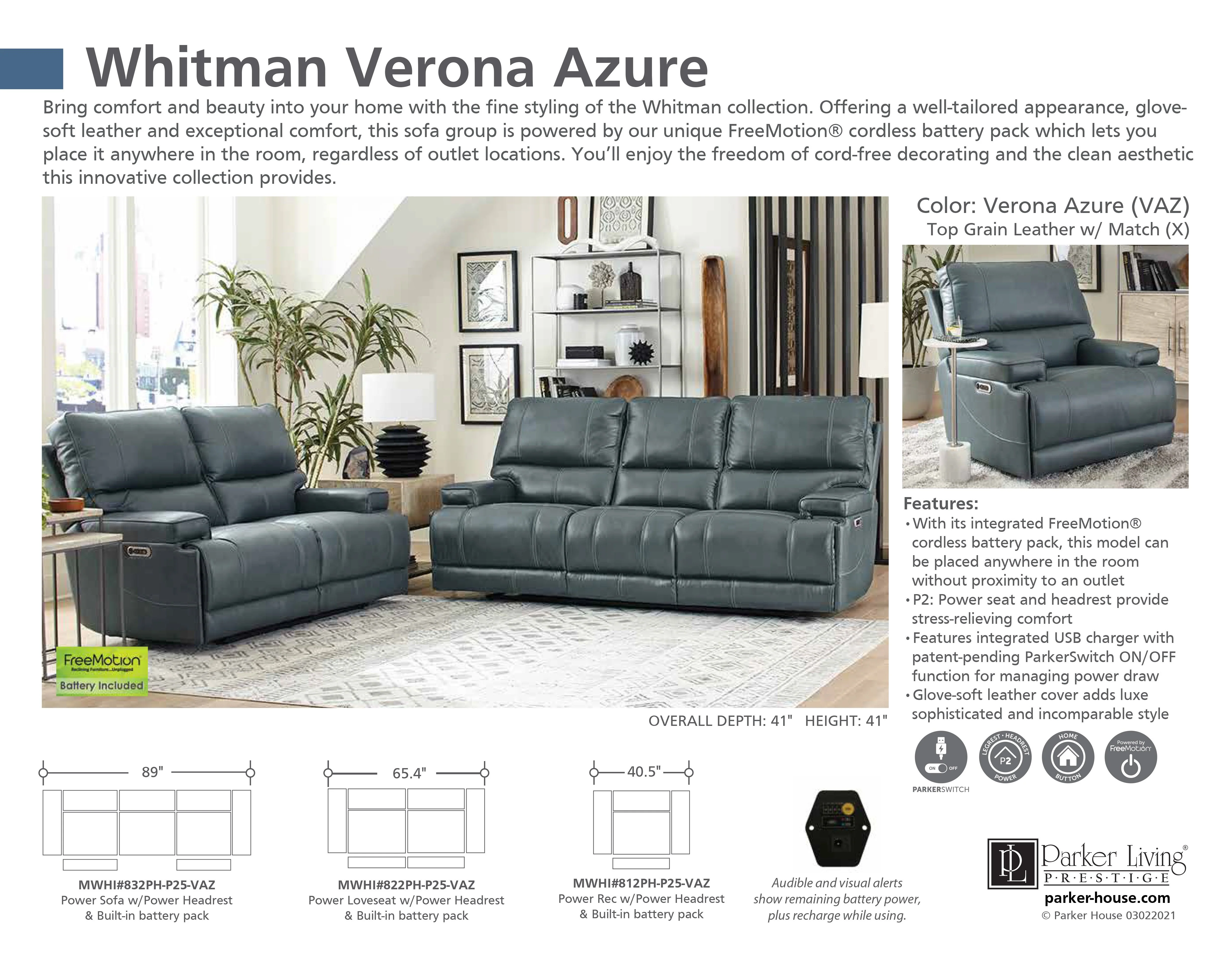WHITMAN - VERONA AZURE Powered By FreeMotion Power Cordless Sofa - Image 6